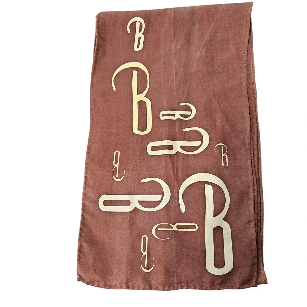 Brown Monogram B Logo Print Lightweight Silky Rectangular Scarf Wrap Brown Cream